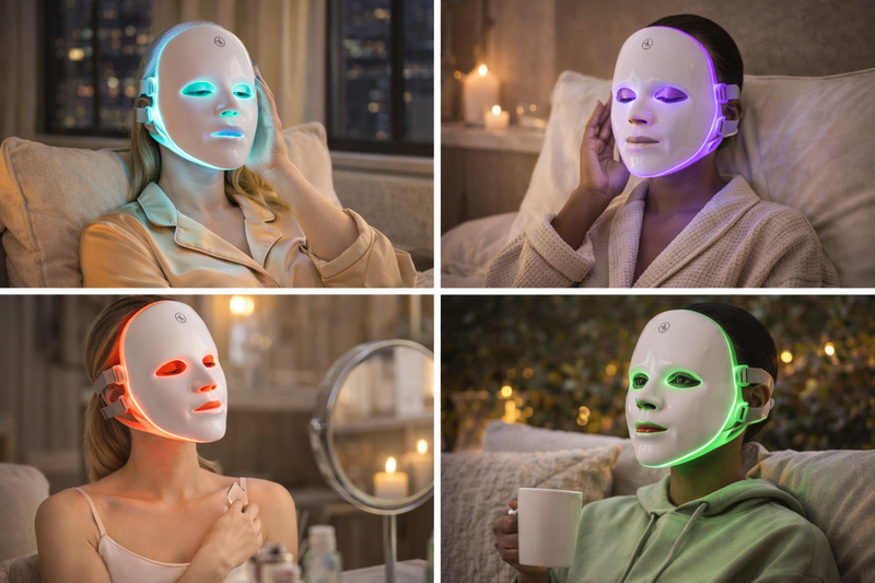 Femme portant le masque LED NOVEA pour soin anti-rides à domicil