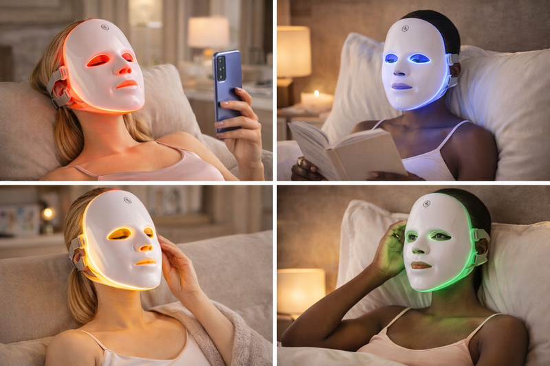Femme portant le masque LED NOVEA pour soin anti-rides à domicil