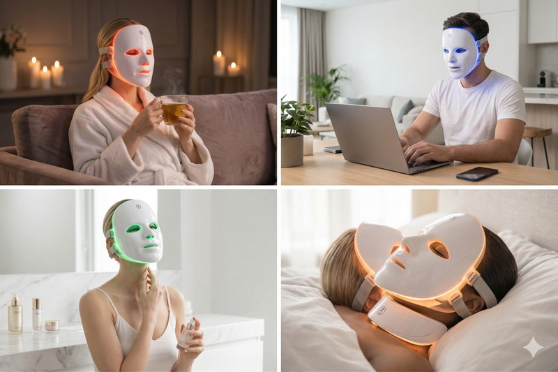 	Femme portant le masque LED NOVEA pour soin anti-rides à domicile